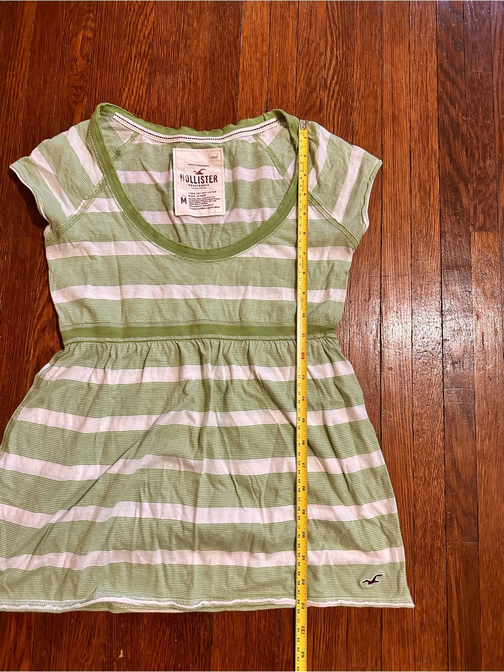 Vintage Y2K Medium Hollister Preppy Striped Babydoll Green Short Sleeve Shirt - Picture 4 of 5